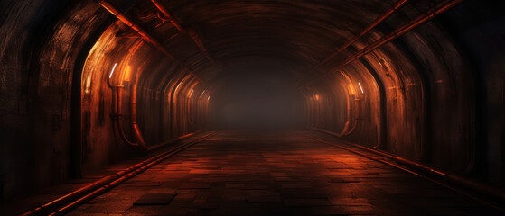Eerie ambiance in a dimly lit tunnel, featuring intricate pipes. - obrazy, fototapety, plakaty