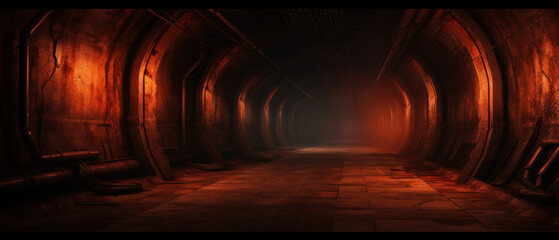 Eerie ambiance in a dimly lit tunnel, featuring intricate pipes. - obrazy, fototapety, plakaty