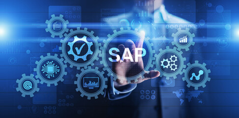 SAP - Business process automation software. ERP enterprise resources planning system concept on virtual screen.