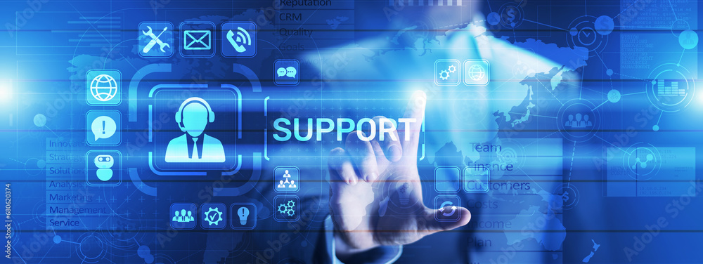 Aufkleber Support button on virtual screen. Customer service and communication concept.