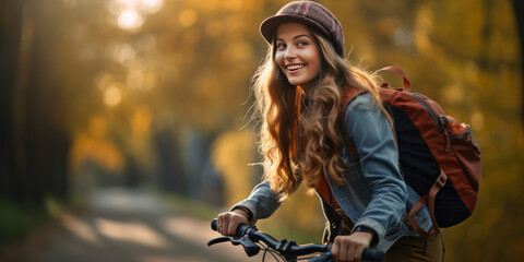 Obraz na płótnie Canvas Joyful woman cycling in autumn park, radiant in sunlight.