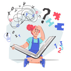 Dyslexic children face difficulties in studying and reading. Dyslexia disorder and difficulty in learning reading, flat vector illustration isolated on white. Upset child has stress during studying.