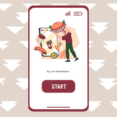 Ordering restaurant food and ready meals online concept for mobile app. App interface design with client receiving delicious meals delivered straight to door, flat vector illustration.