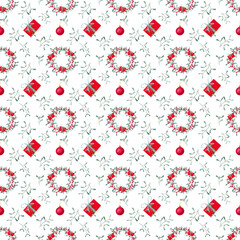 Simple Christmas seamless pattern drawn in watercolors by hands. New Year's gifts and decorations, fir branches, pine. red berries wreath