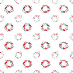 Simple Christmas seamless pattern drawn in watercolors by hands. New Year's gifts and decorations, fir branches, pine. red berries wreath