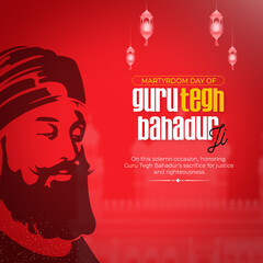 Bright poster celebrating Guru Tegh Bahadur Ji, featuring a colorful portrait and festive design...
