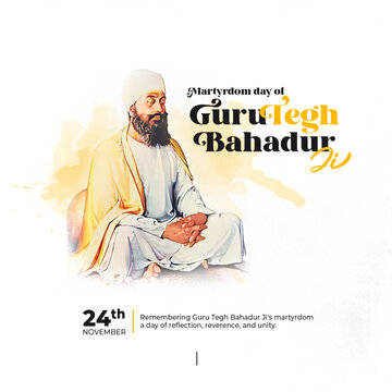 Bright poster celebrating Guru Tegh Bahadur Ji, featuring a colorful portrait and festive design elements