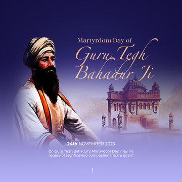 Poster featuring a portrait of Guru Tegh Bahadur Ji and festive elements, celebrating his legacy