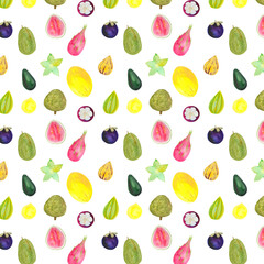 pattern with exotic fruits hand drawn in watercolor, seamless pattern with summer motifs, print for fabric, paper, banners