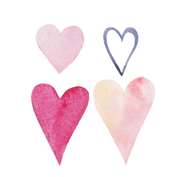 picture with watercolor hearts hand drawn, illustration for valentine's day. postcard for Valentine's Day, image of love symbols drawn in watercolors in pink, red and blue tones