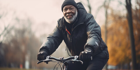 Fototapeta na wymiar Leisurely bike ride by an older man in a park, dressed in black with a beanie.