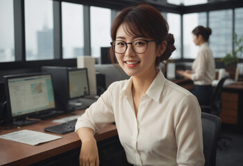 オフィスでパソコンを使用して働く笑顔の女性　OL　