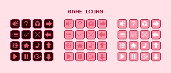 Set of pixel game buttons icons - Pink theme
