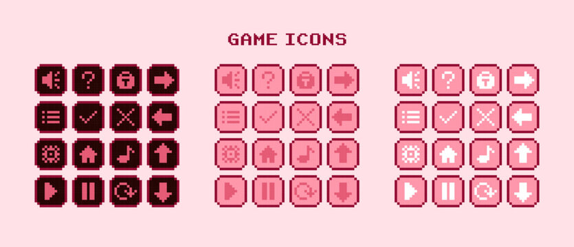 Set of pixel game buttons icons - Pink theme