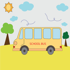 school bus vector design. Yellow school bus and background of sky clouds and road. Design element of transportation education. 