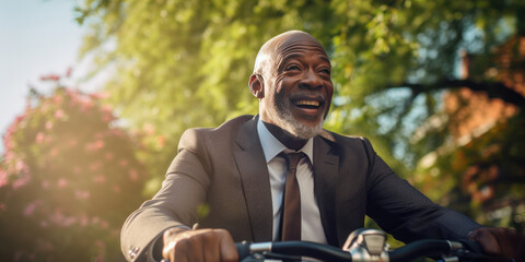 Stylish African American man on bicycle in city.