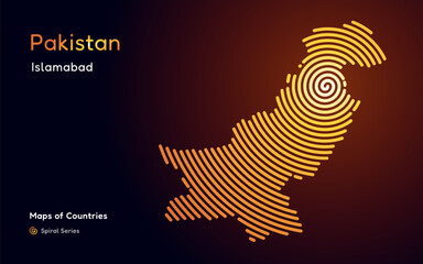 Abstract gold map of Pakistan with circle lines. identifying its capital city, Islamabad. Spiral fingerprint series