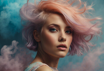 Artistic Portrait of Young Woman with Creative Hairstyle Pastel Colored Hair. Perfect for fashion, beauty, and hair studio concepts.