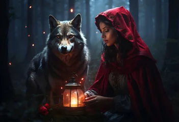 Foto op Canvas Fashion photography of a Little Red Riding Hood and big gray wolf © ipolstock