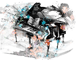 Watercolor Piano Abstract. Music festival, poster background template. Delight, creativity, inspiration. Write, compose music. Role, paint splash. Musical poster.flower cornflower, cloves. Beautiful 