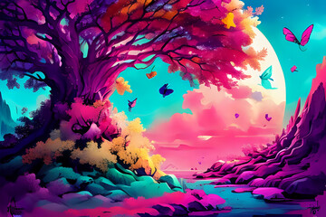 Castle colorful mountain landscape