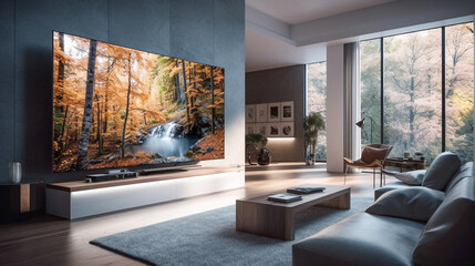 Elegant living room with big tv screen.  Big Tv In A Living Room - obrazy, fototapety, plakaty