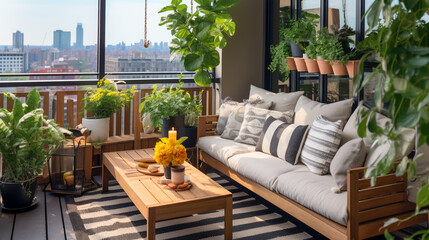 Fototapeta premium Chic Balcony Haven. Cozy City Balcony Oasis....