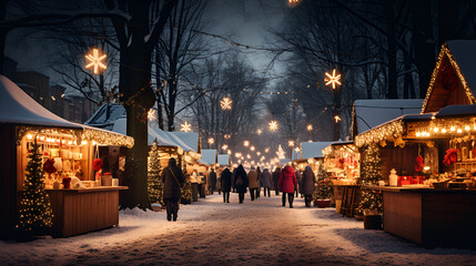 Enjoying Christmas Market, blurred people walking in the street and standing near stalls, The twinkling lights of a small town's Christmas market, with stalls selling handmade ornaments and gifts. Ge
