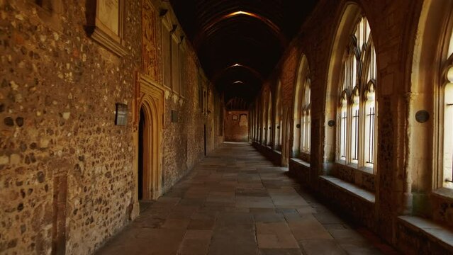 The cloister of Chichester Cathedral, in West Sussex, England, UK founded in 1075 featuring both Norman and Gothic architecture