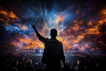 A passionate musician on stage amidst a sea of cheering fans, Rock Concert, generative AI