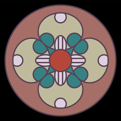 Gothic medieval geometrical ornament. Four petal cross shape flower in a circle.