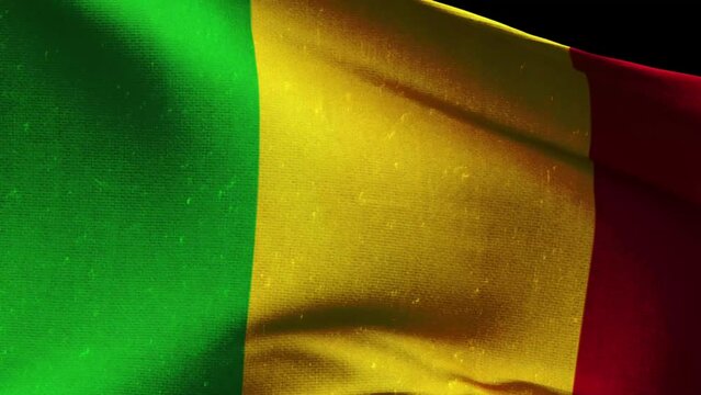 mali flag waving closeup. Highly Detailed Fabric Pattern with vintage and retro effect, 3D Rendering video footage. 4K resolution for celebration, national award, patriotic, social media etc.