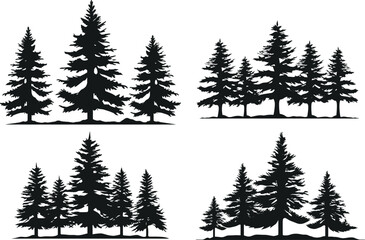 Vintage trees and forest silhouettes set with Fir tree silhouette and vector - obrazy, fototapety, plakaty