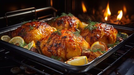 Fototapeta premium Roasted chickens with vegetables, lemon and herbs in a baking dish. Festive dinner with AI generated