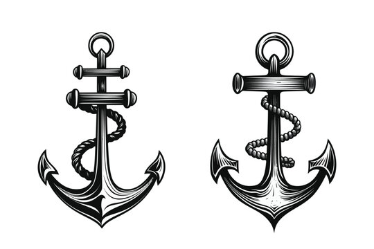 vintage sea anchor with rope monochrome style illustration