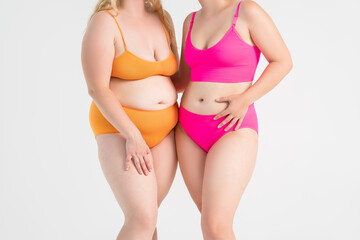 Tummy tuck, two fat women with flabby bellies on gray background, plastic surgery and body positive concept
