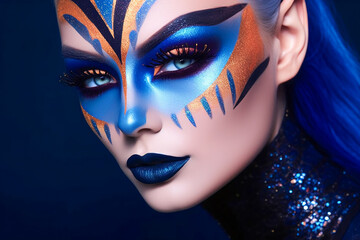 Dramatic Blue Eyeshadow Elegance.  Futuristic Glamour with Bold Blue. AI Generated