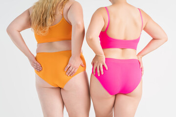 Two overweight women with fat flabby legs, hands, hips and buttocks on gray background, plastic surgery and body positive concept