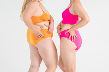 Two overweight women with fat flabby legs, hands, hips and buttocks on gray background, plastic surgery and body positive concept