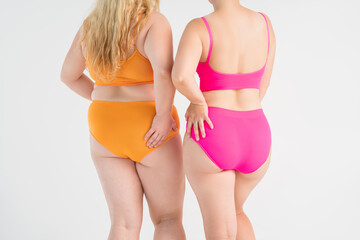 Two overweight women with fat flabby legs, hands, hips and buttocks on gray background, plastic...