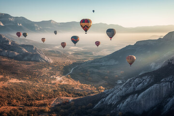 Hot air balloons floating up to the sky. AI Generated