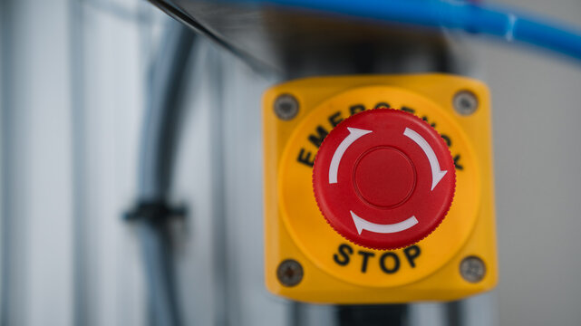 Emergency button for Press stop mechanics. Red stop button.