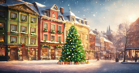 Obraz premium Christmas Village with beautiful tree - winter wonderland - painting - AI generated