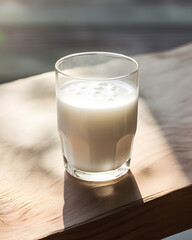 glass of milk on wooden table