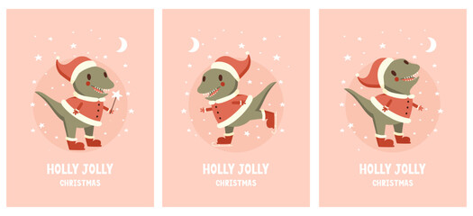 Set of 3 Winter Holidays Vector Cards with Cute Happy Dinosaur as a Santa Claus in a Round Shape Frame isolated on a Light Pink Background. Funny Christmas Print ideal for Card, Wishes. Rgb Colors.