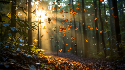 Monarch butterflies. Millions of butterflies create a living carpet on the forest - obrazy, fototapety, plakaty