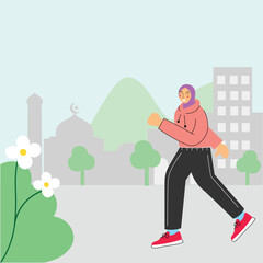 Flat illustration of muslim woman wearing hijab do workout or sport activities on ramadan