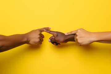 two hands touching each other on a yellow background Generative AI - obrazy, fototapety, plakaty
