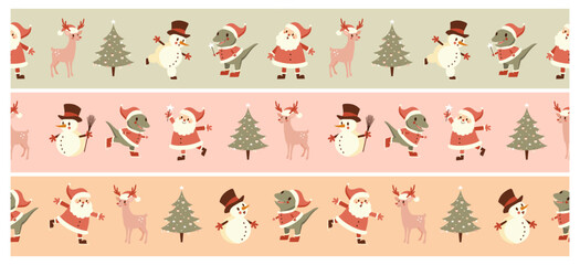 Cute Winter Holidays Seamless Vector Pattern with Snowman, Santa Claus, Dinosaur, Christmas Tree and Deer isolated on a Pastel Pink, Coral and Dusty Green Background ideal for Washi Tape, Ribbon. Rgb.