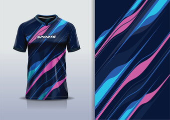 T-shirt mockup with abstract line sport jersey design for football, soccer, racing, esports, running, in blue pink color